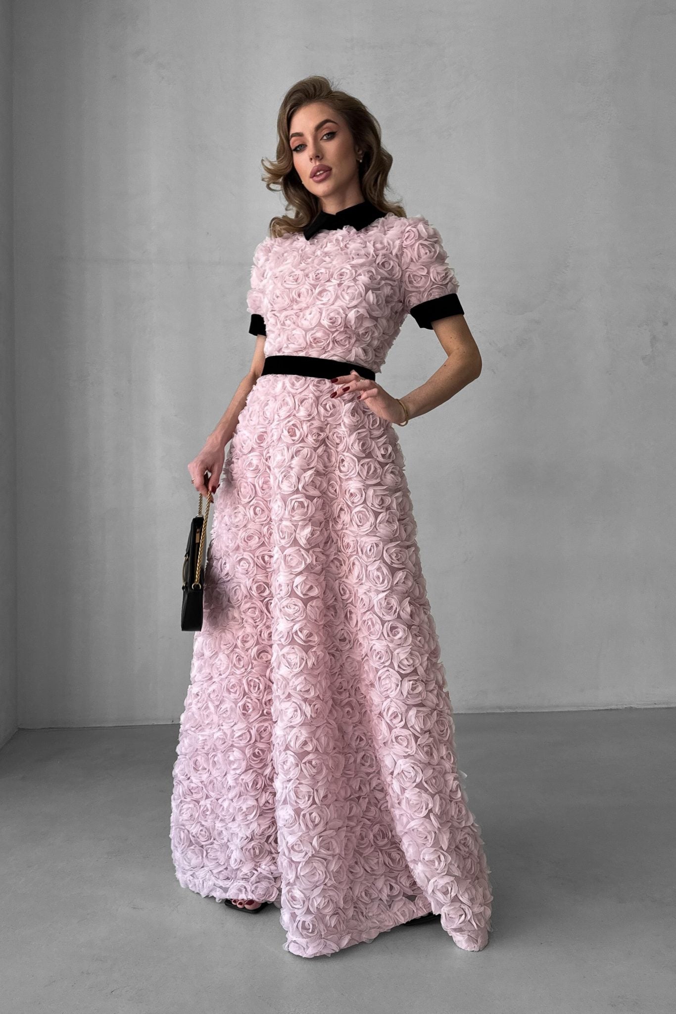 Long “Roses” Dress with Velvet Belt