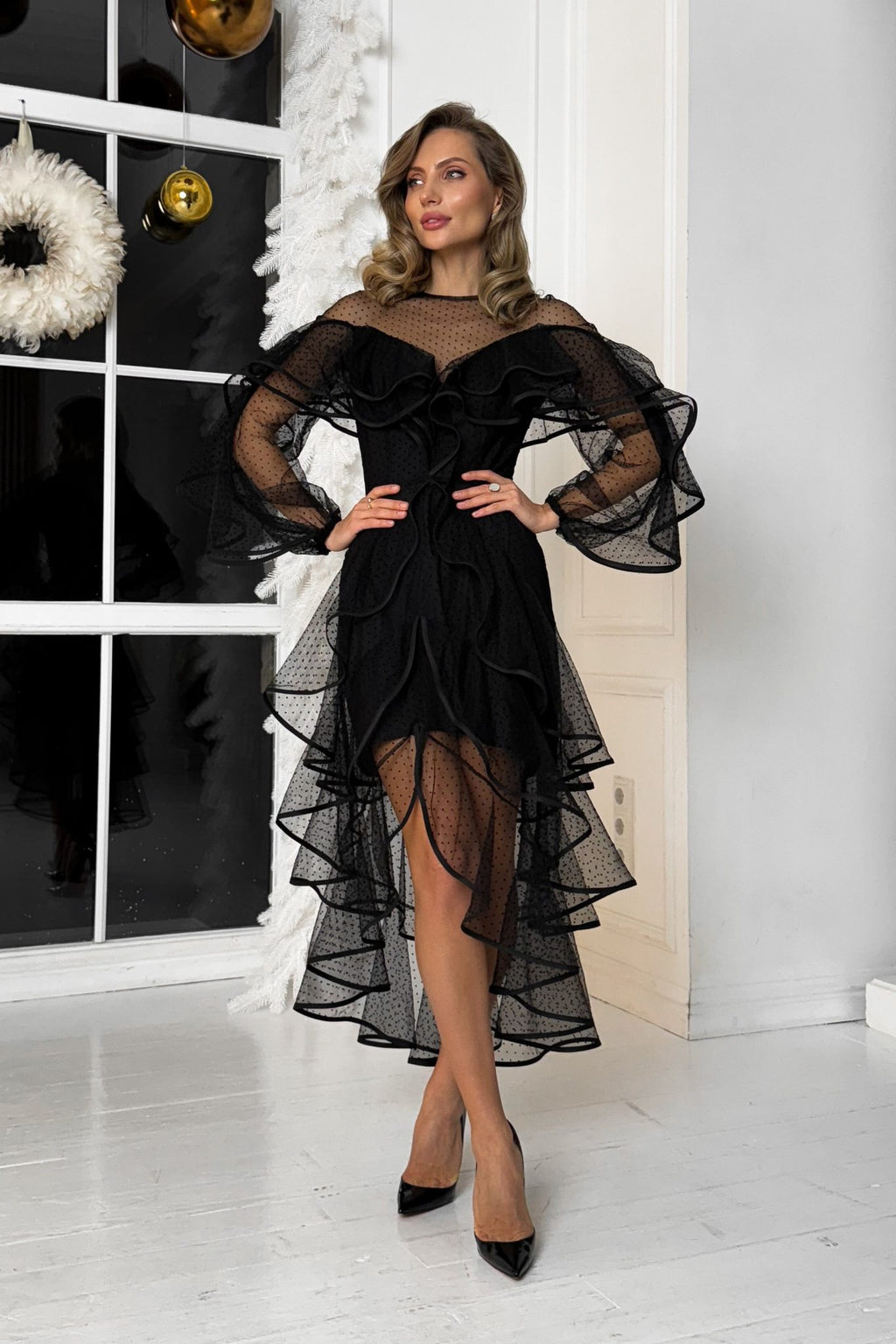 Off-Shoulder Polka Dot Tulle Dress