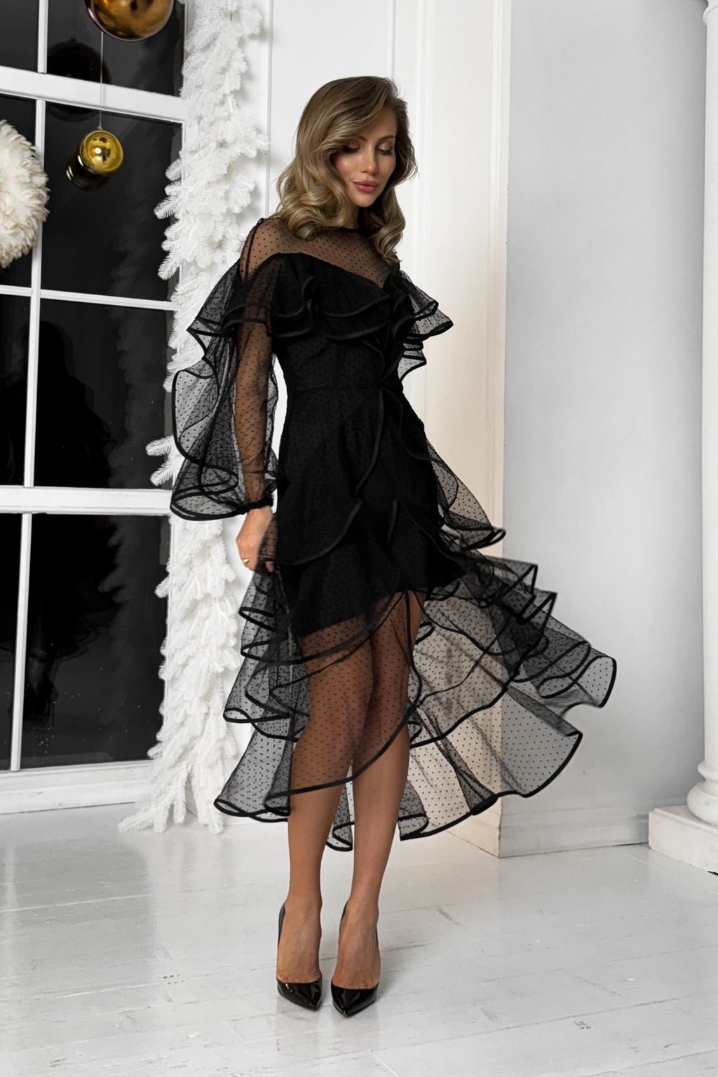 Off-Shoulder Polka Dot Tulle Dress